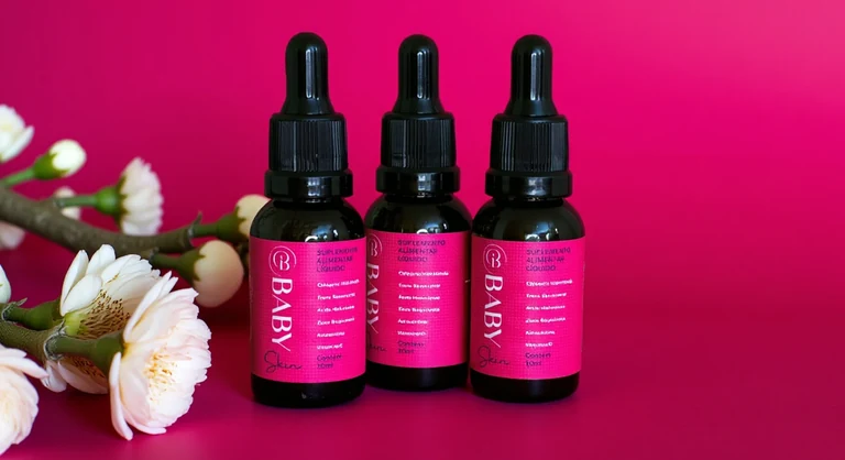 Três frascos do Baby Skin sobre fundo rosa com flores brancas